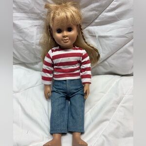 1998 battat doll 18” blonde hair blue eyes with blue jeans & red stripped shirt